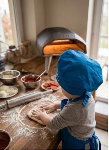 A toddler in a blue Relish chef hat kneading pizza dough on a wooden kitchen counter, a pizza oven glowing in the background.