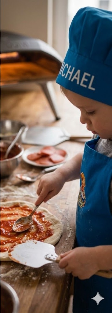 A toddler in a personalised blue Relish chef hat intently spooning tomato sauce onto a homemade pizza.