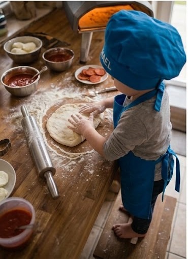 A toddler pressing pizza dough flat with both hands on a flour-covered wooden board.