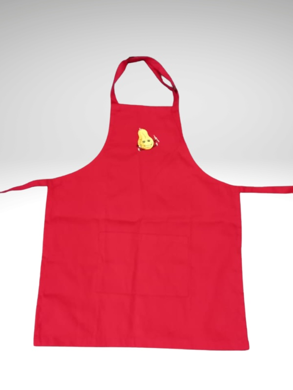 Relish Reimagined kids' apron in red with embroidered logo.